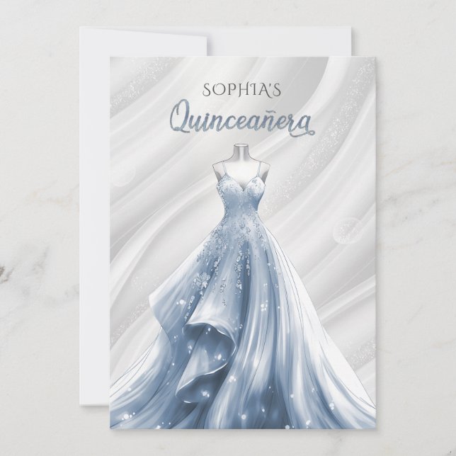 Invitation Robe bleu étincelante en argent Quinceañera (Devant)