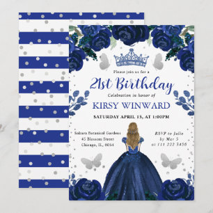 Invitation Robe bleu foncé Princesse blonde Anniversaire