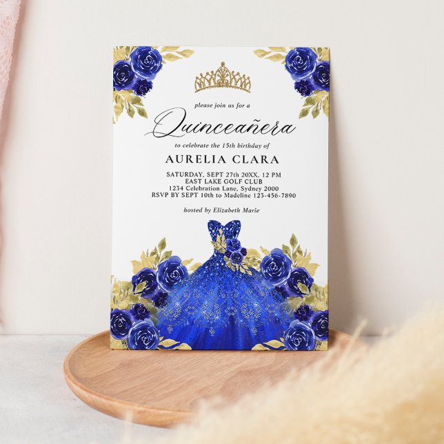 Invitation Robe bleu glam Aquarelle florale 15e Quinceañera (Créateur téléchargé)