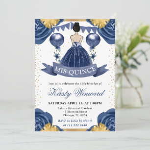 Invitation Robe Bleu Marine Brunette Princesse Quinceanera