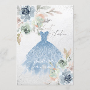 Invitation Robe Bleu Poussiéreux Sweet Sixteen Fleurs Aquarel