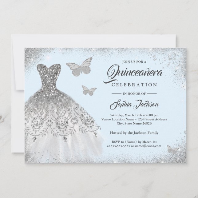 Invitation Robe Bleue Argent Étincelle Papillon Quinceanera D (Devant)