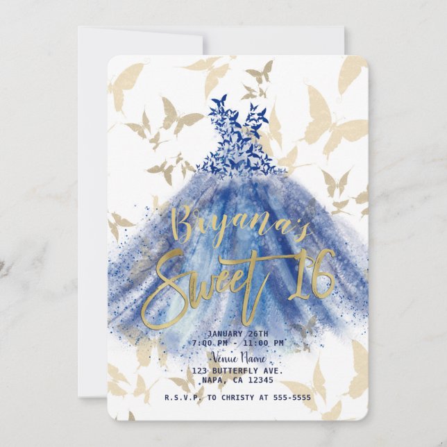 Invitation Robe Bleue Bleue Bleue Bleu Or Sweet 16 (Devant)