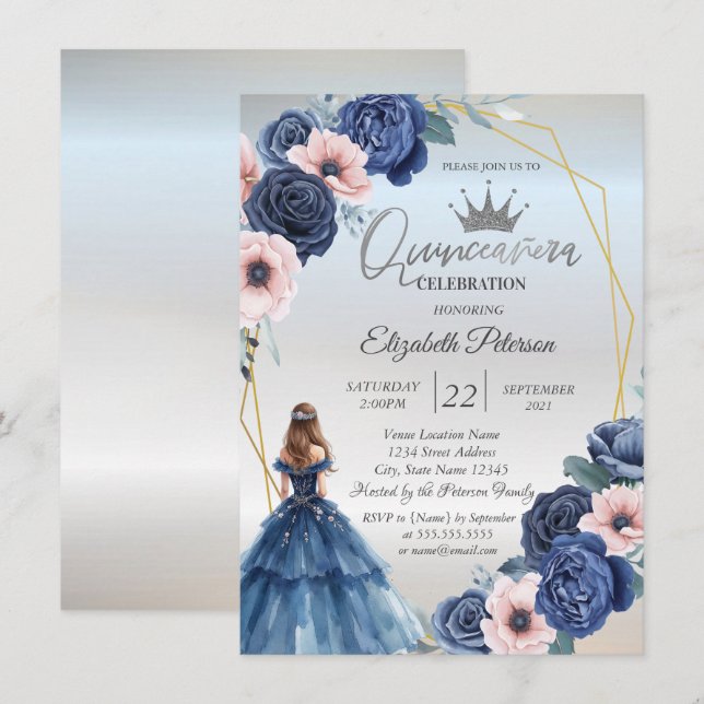 Invitation Robe Bleue, Cadre Fleurs Bleues (Devant / Derrière)