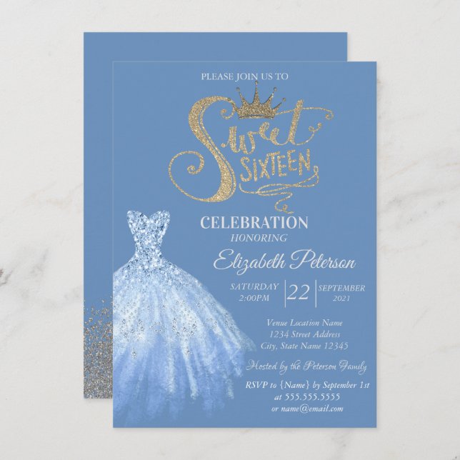 Invitation Robe Bleue Chic, Diamants Doux 16 (Devant / Derrière)