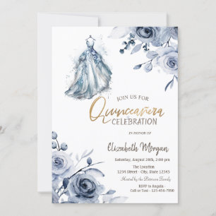 Invitation Robe Bleue Chic Roses Quinceañera