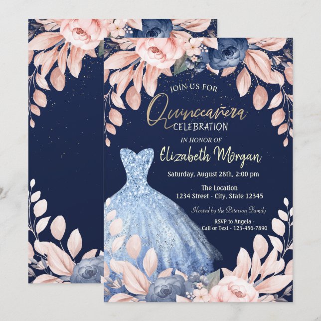 Invitation Robe bleue Floral Quinceañera (Devant / Derrière)
