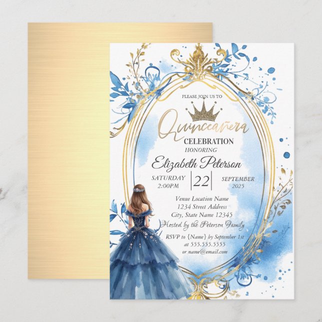Invitation Robe Bleue Princesse Frame Or (Devant / Derrière)
