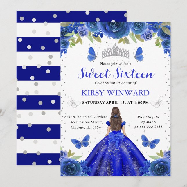 Invitation Robe Bleue Royale Brunette Princesse Sweet 16 (Devant / Derrière)