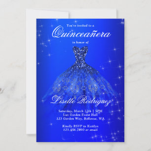 Invitation Robe Bleue Royale Élégante Quinceanera
