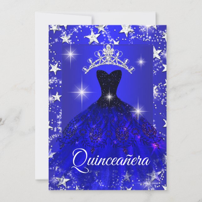 Invitation Robe Bleue Royale Étincelle Tiara Étoiles Quincean (Devant)