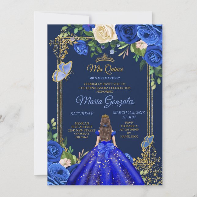 Invitation Robe Bleue Royale Mis Quince 15e anniversaire de f (Devant)