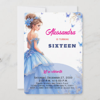 Invitation Robe bleue Sweet 16 florale Budget Fille Anniversa