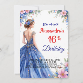 Invitation Robe bleue Sweet Sixteen florale Élégante Annivers