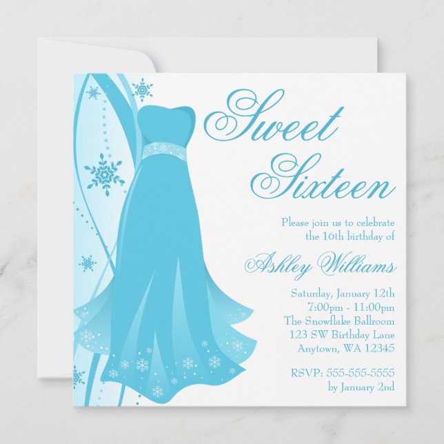 Invitation Robe bleue Swirl Wonderland Sweet 16 (Devant)