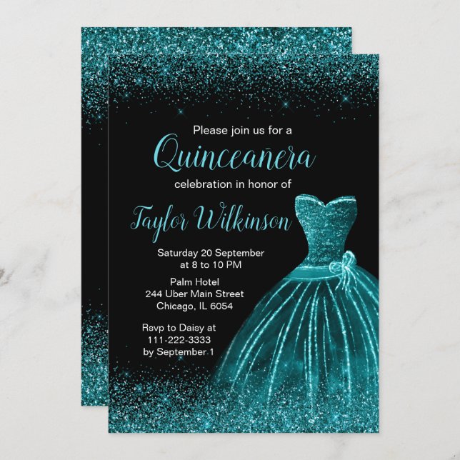 Invitation Robe bleue turquoise Faux Parties scintillant Quin (Devant / Derrière)