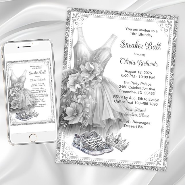 Invitation Robe Bling Basket Ball fête d'anniversaire (Girl beautiful sneaker ball invitation. Instant download and printed invitations available.)