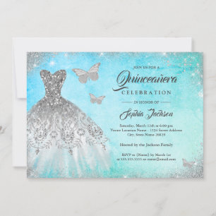 Invitation Robe Blue Menthe Étincelle Papillon Quinceanera In