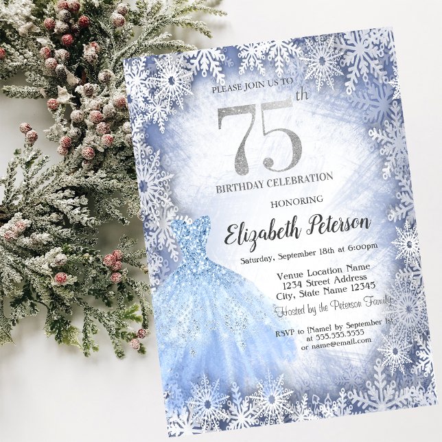 Invitation Robe Blue Snowflakes Hiver 75e anniversaire (Créateur téléchargé)