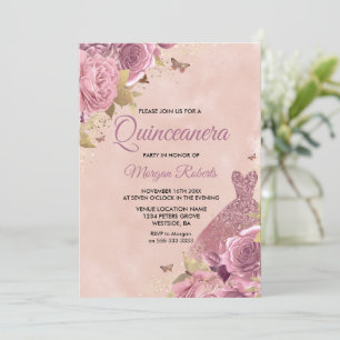 Invitation Robe Blush Dusty Rose Floral Quinceanera Party