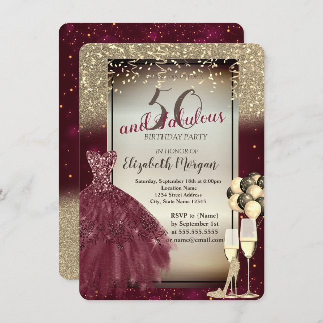 Invitation Robe Bourgogne, Ballons, Gold 50e Anniversaire (Devant / Derrière)