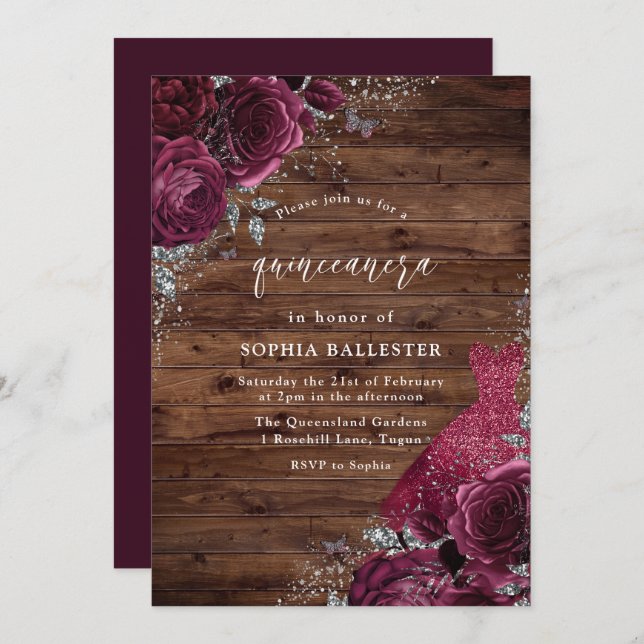 Invitation Robe Bourgogne & Floral Rose Rustic Quinceanera (Devant / Derrière)