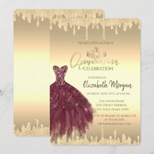 Invitation Robe Bourgogne, gouttes de paillettes or Quinceañe