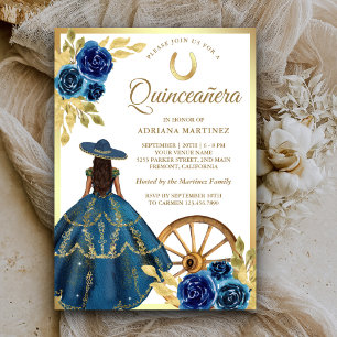 Invitation Robe Charro Occidentale Fleurie Bleue Quinceanera