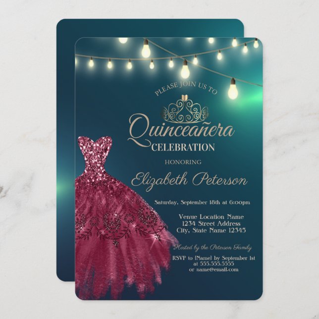Invitation Robe Chic Bourgogne, Tiara Green Quinceañera (Devant / Derrière)