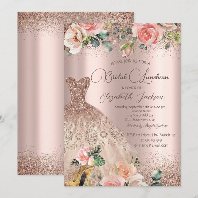 Invitation Robe Chic,Confettis,Talon Haut,Roses  (Devant / Derrière)