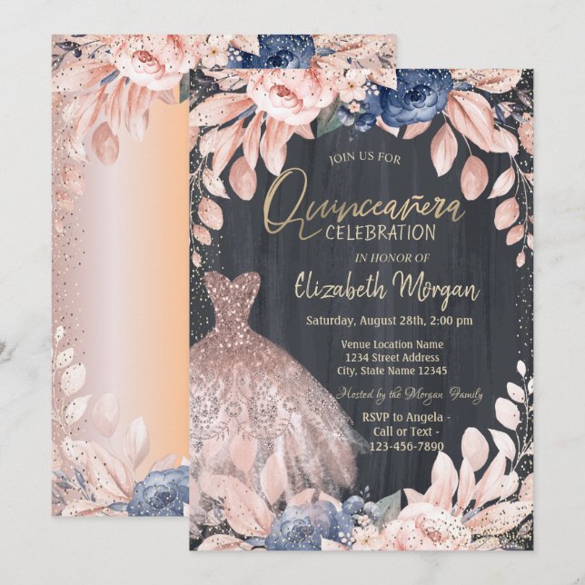 Invitation Robe Chic, Fleurs Bleues, Quinceanera Or Rose (Devant / Derrière)