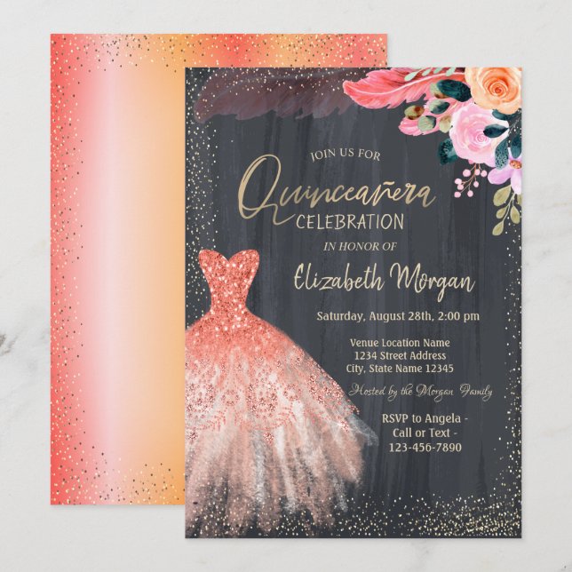 Invitation Robe Chic, Fleurs Plumes Quinceanera (Devant / Derrière)