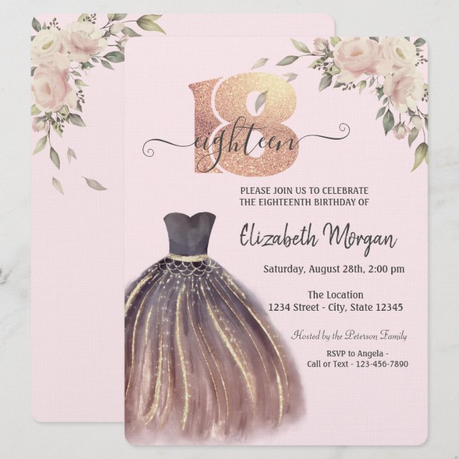Invitation Robe Chic Fleurs roses 18e anniversaire (Devant / Derrière)