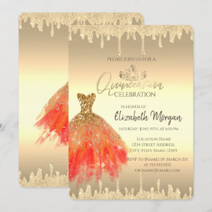 Invitation Robe chic, gouttes de paillettes or Quinceañera