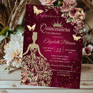 Invitation Robe chic, papillon floral rouge Quinceañera