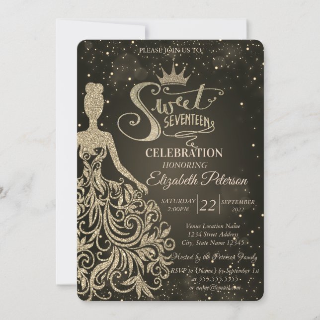 Invitation Robe Chic Parties scintillant Or, Tiara Quinceañer (Devant)