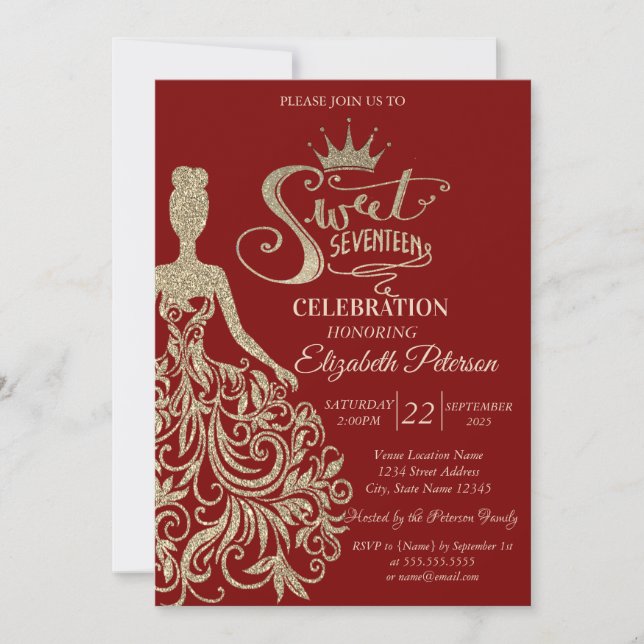 Invitation Robe Chic Parties scintillant Or, Tiara Rouge Douc (Devant)
