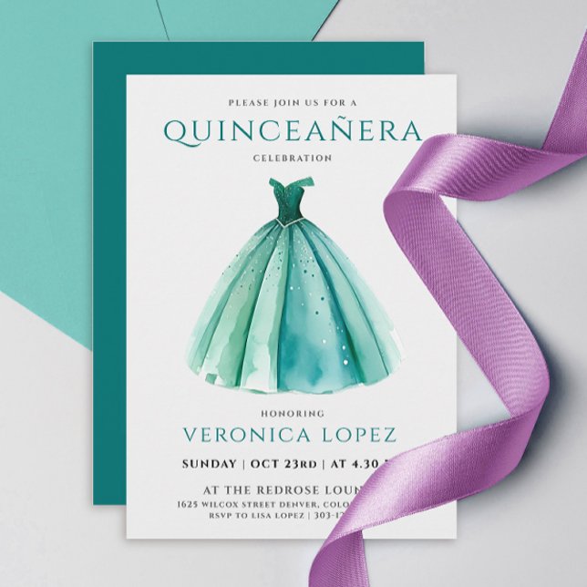 Invitation Robe Ciel Turquoise élégant Quinceañera Aquarelle (Créateur téléchargé)