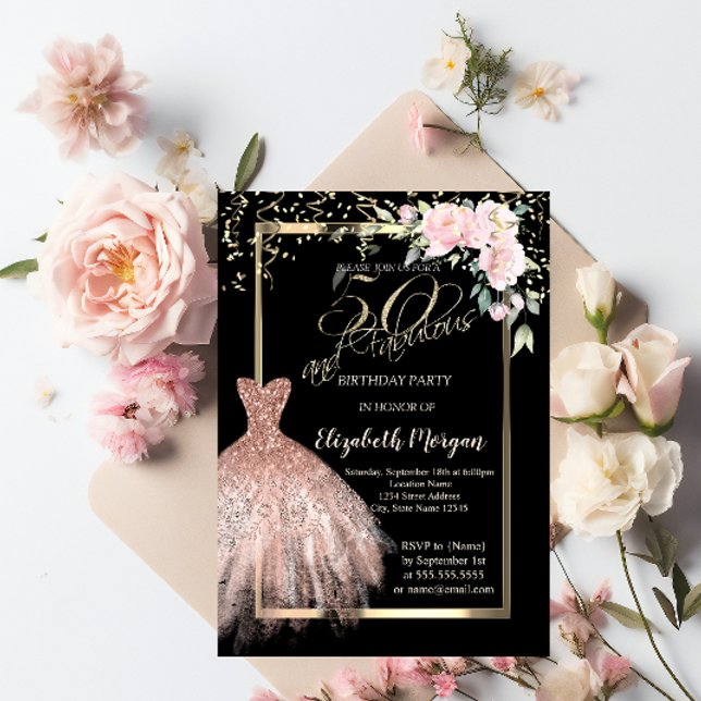 Invitation Robe, Confetti Fleurs Rose Or 50e anniversaire (Créateur téléchargé)