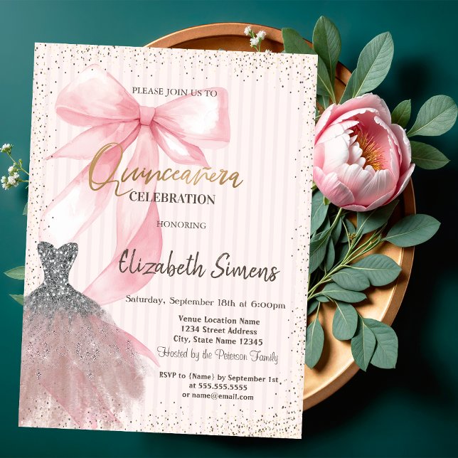 Invitation Robe Confettis,Ruban Rose Rayé  (Créateur téléchargé)