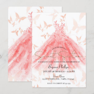 Invitation Robe corail danse papillon or fête douce 16 ans
