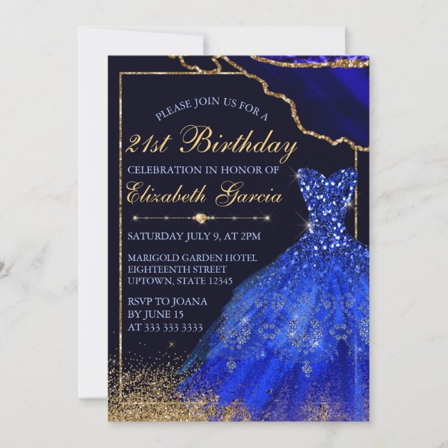Invitation Robe d'aquarelle bleue et agate 21e anniversaire (Devant)