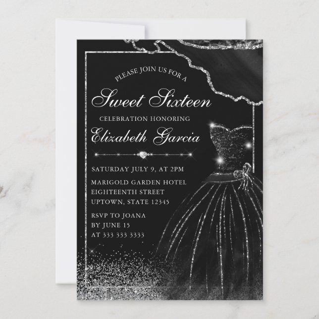 Invitation Robe d'aquarelle noire et arôme en verre d'argent  (Devant)