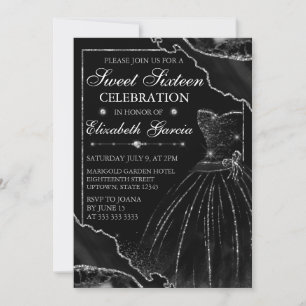 Invitation Robe d'aquarelle noire & Parties scintillant Agate