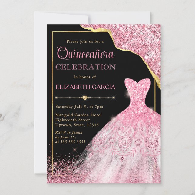 Invitation Robe d'aquarelle rose et bordure de glam Quinceane (Devant)