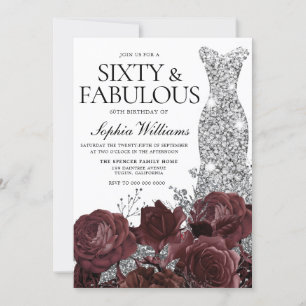 Invitation Robe d'argent Bourgogne Roses 60e fête d'anniversa