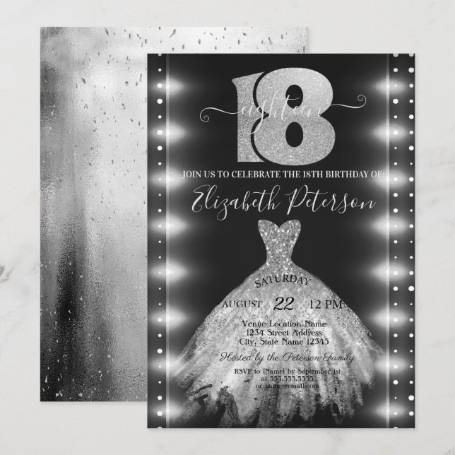 Invitation Robe d'argent chic Confetti Lumières 18e anniversa (Devant / Derrière)