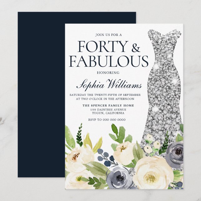 Invitation Robe d'argent florale marine et blanche 40e annive (Devant / Derrière)