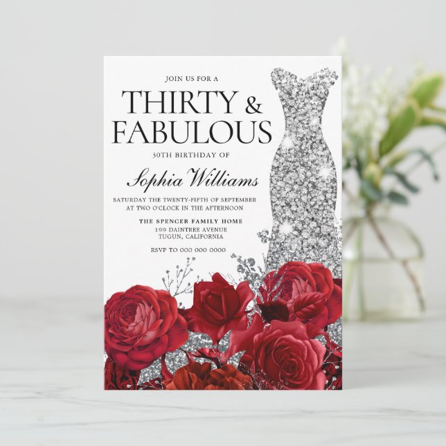 Invitation Robe d'argent Gown Roses rouges 30e fête d'anniver (Debout devant)