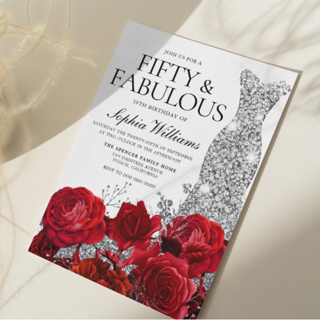Invitation Robe d'argent Gown Roses rouges 50e fête d'anniver (Créateur téléchargé)